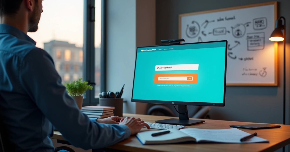 Empresário observando tela grande com landing page gerando novos leads